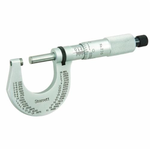 Starrett® T230XFL Mechanical Outside Micrometer, 0 to 1 in, Graduations: 0.0001 in, Carbide Tip, Satin Chrome
